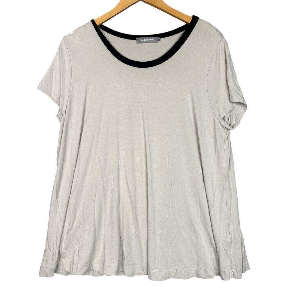 Alembika Tunic Top Size 3 L XL Beige Black Trim Jersey Knit Relaxed Stretch